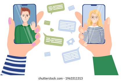 A man and a woman on the screens of smartphones. Chat with friends, video call. Hands holding smartphones with people chatting to each other.  Vector illustration on a white background.