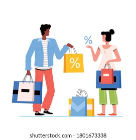 Man and woman on shopping holding bags and enjoy discounts. People make purchases