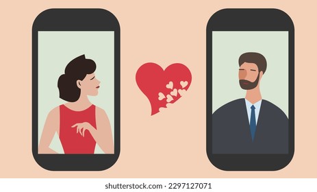 Man and woman on smartphone display looking at each other. Online dating concept