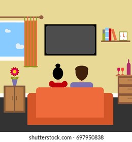 Man and woman  on the sofa watching television in their living room. Home furniture and tv screen vectors. Flat design illustration.
