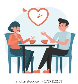 Man and woman on a speed dating vector isolated. Romantic couple at the table. Short date, people checking compatible.
