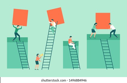 Man and woman on stairs, people presentation. Workers holding red transparent banner with space place in red color, additional info, empty billboard. Vector illustration in flat cartoon style