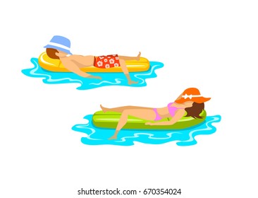 man and woman on summer time beach vacations relaxing sunbathing floating swimming on inflatable mattress on water, faces covered with hat. isolated