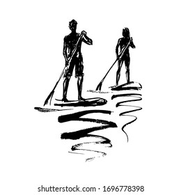 Man and woman on sup surf. Ink drawing.