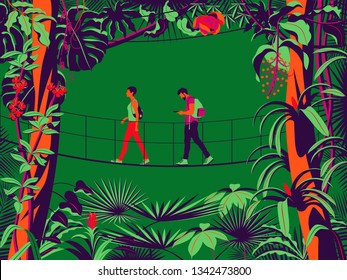 A man and a woman on a suspension bridge in the rainforest. Handmade drawing vector illustration. Pop art minimalist style.