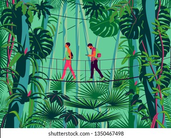 A man and a woman on a suspension bridge in the rainforest. Handmade drawing vector illustration. Pop art minimalist style.