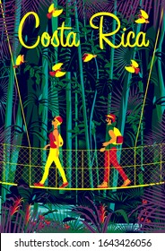 A man and a woman on a suspension bridge in the rainforest in Costa Rica. Handmade drawing vector illustration. Pop art style poster.