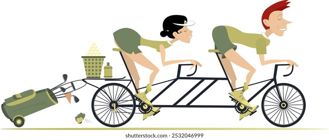 Man and woman on the tandem bicycle on the way to golf course. 
Cartoon cycling man and woman on the way to the golf course. Isolated on white background
