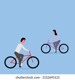 a man and a woman on their bicycles on a light blue background