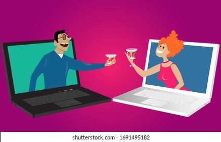 Man and woman on a virtual date communicating via laptops, EPS 8 vector illustration