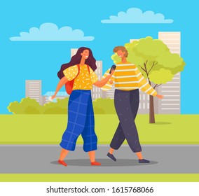 Man and woman on weekends in new city. Female character using smartphone to find right way. Friends walking in town park enjoying fair weather and greenery of nature. Vector in flat style