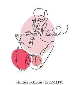 Man and woman, one line outline drawing, couple in love, fashion, love, handwritten quote isolated on white background