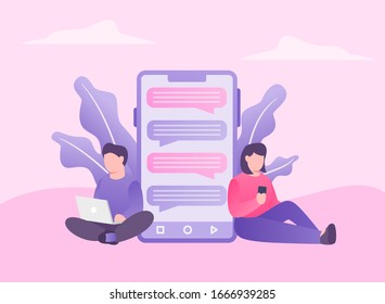 man and woman online messaging with various devlice like laptop and smartphone
