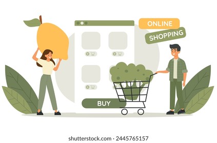 Man and woman online shopping. App on website screen. E-commerce. Online shop. Flat vector illustration
