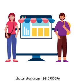 man and woman online shopping commerce computer website vector illustration