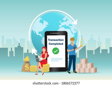 Hombre y mujer comprando en línea y recibiendo pagos a través de computadora y teléfono móvil. Pago global en línea, banca por internet y concepto de tecnología financiera. 