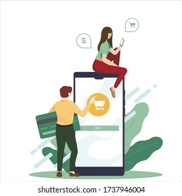 Man and woman. Online shopping. Woman sit on big mobile phone. Human using device