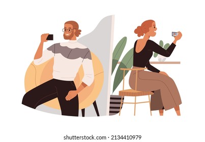 Man and woman at online video call with phones. Love couple chatting via internet with smartphone. Virtual romantic date. Remote communication. Flat vector illustration isolated on white background