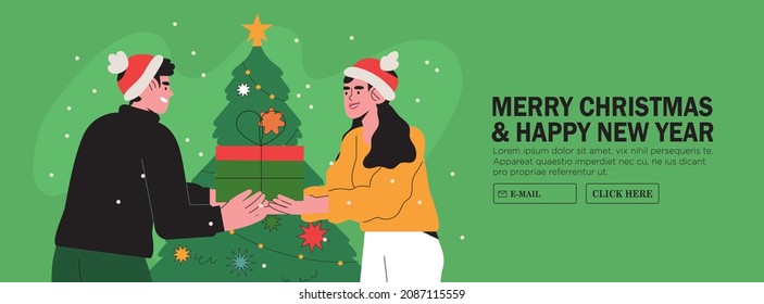 Man and woman open gift box or present near christmas tree. New year coming social media banner, website or page greeting with happy smiling people celebrate winter holiday together. Secret Santa.