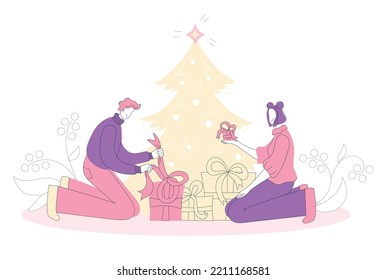 Man and woman open gifts for the New Year under the Christmas tree at home. Married couple in love gives each other present for holiday. Vector flat winter story illustration of people (girl and guy)