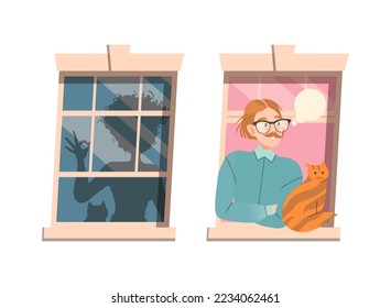 Man and Woman in Open Window Peeking Out Vector Set