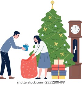 A man and a woman are opening a Christmas present