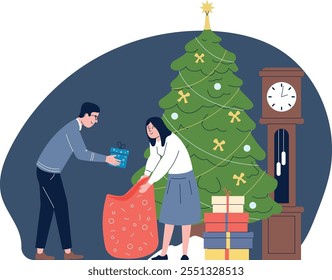 A man and a woman are opening a Christmas present