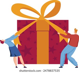 Man woman opening giant gift box, oversized present, happy surprise. People revealing huge red package yellow ribbon, excitement, celebration concept illustration. Cartoon characters celebrating