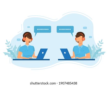 Man and woman operators in headset advising customers flat style design.Call center workers help clients.Call center, hotline flat vector. illustrator.