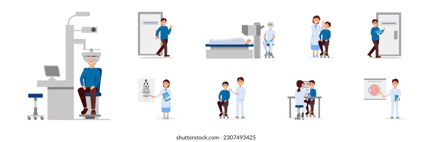 Man and Woman Ophthalmologist Doctor in Medical Uniform Observing Patient Vector Illustration Set