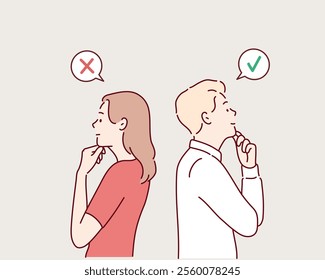 A man and a woman with opposing views are standing back to back. Hand drawn style vector design illustrations.