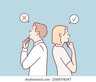 A man and a woman with opposing views are standing back to back. Hand drawn style vector design illustrations.