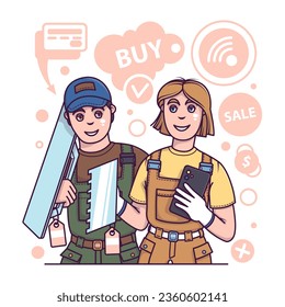 Man and woman ordering spatula via smartphone. Order different materials for repair online via smartphone. Fast delivery. Flat vector illustration in cartoon style