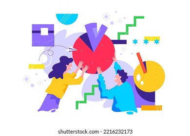 Man and woman organizing abstract geometric shapes. Pair of people holding round pie chart. Cute funny boy, girl and circular diagram. Colorful vector illustration in modern flat cartoon style.