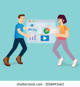Man and woman organizing. Pair of people holding pie chart and diagram. Colorful vector illustration in modern flat cartoon style. teamwork