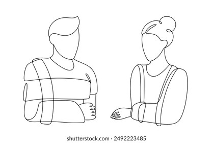 Un hombre y una mujer con una ortesis que fija el brazo inmóvil. Tratamiento de fracturas en la zona del codo. Vendaje de fijación para la fusión adecuada de los huesos. Vector.