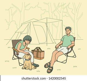 A man and a woman are outdoors camping together with a cute puppy. hand drawn style vector design illustrations. 