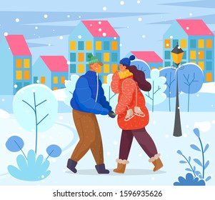 Man and woman outdoors in city park in winter season. Freezing woman with ice skating shoes outside with male wearing warm clothes. Cityscape with buildings and snowing weather vector in flat