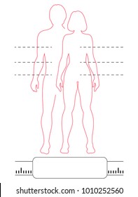 Man and woman outline silhouettes with pointers and scale. Vector isolated infographic of red contour human bodies. 