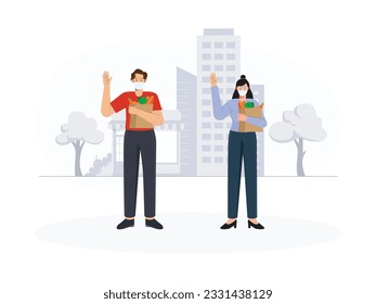 a man and a woman are outside they are carrying their groceries and are waving they are also wearing masks and keeping their distance to reduce transmission of the corona virus
flat design, vector