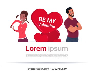 Man And Woman Over Heart Shape With Copy Space Couple Happy Valentines Day Template Banner Flat Vector Illustration