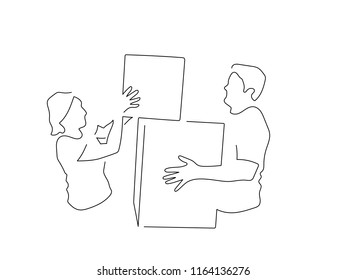 Man and woman with packages isolated line drawing, vector illustration design. Logistics collection.