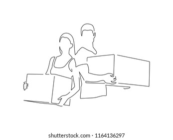 Man and woman with packages isolated line drawing, vector illustration design. Logistics collection.