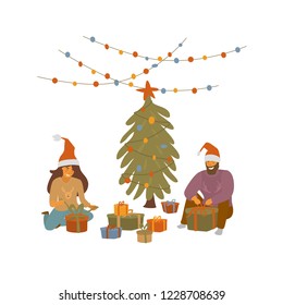 man and woman packing christmas gifts, preparing for xmas celebration  cartoon vector illustration scene