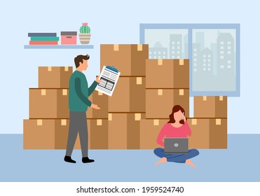 Man and woman packing order for shipping to customer. They earn from selling products via online store. Making money by online business concept vector. Drop ship company. Startup owner.