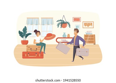 Man and woman packing suitcases for vacation. Couple travels together scene. Summer recreation, travel the world, tourism industry concept. Vector illustration of people characters in flat design