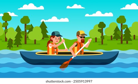 Man and woman paddle a kayak on a sunny day, surrounded by trees and a clear blue sky. People are sailing on a boat along the river. Vector illustration