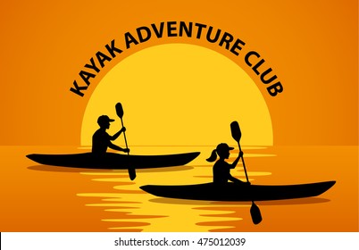 Man and Woman Paddling in Kayaks at Sunset Silhouette Vector illustration