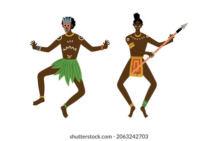 Man and Woman with Painted Face Dressed in Traditional Tribal Clothing Vector Set