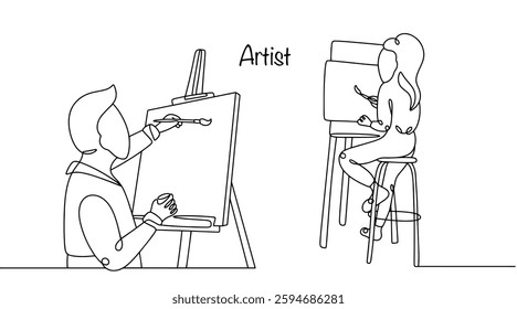 A man and a woman are painting on canvas. Artist's work drawn by hand in a continuous line. They create works of art that have aesthetic value for others. Vector illustration.